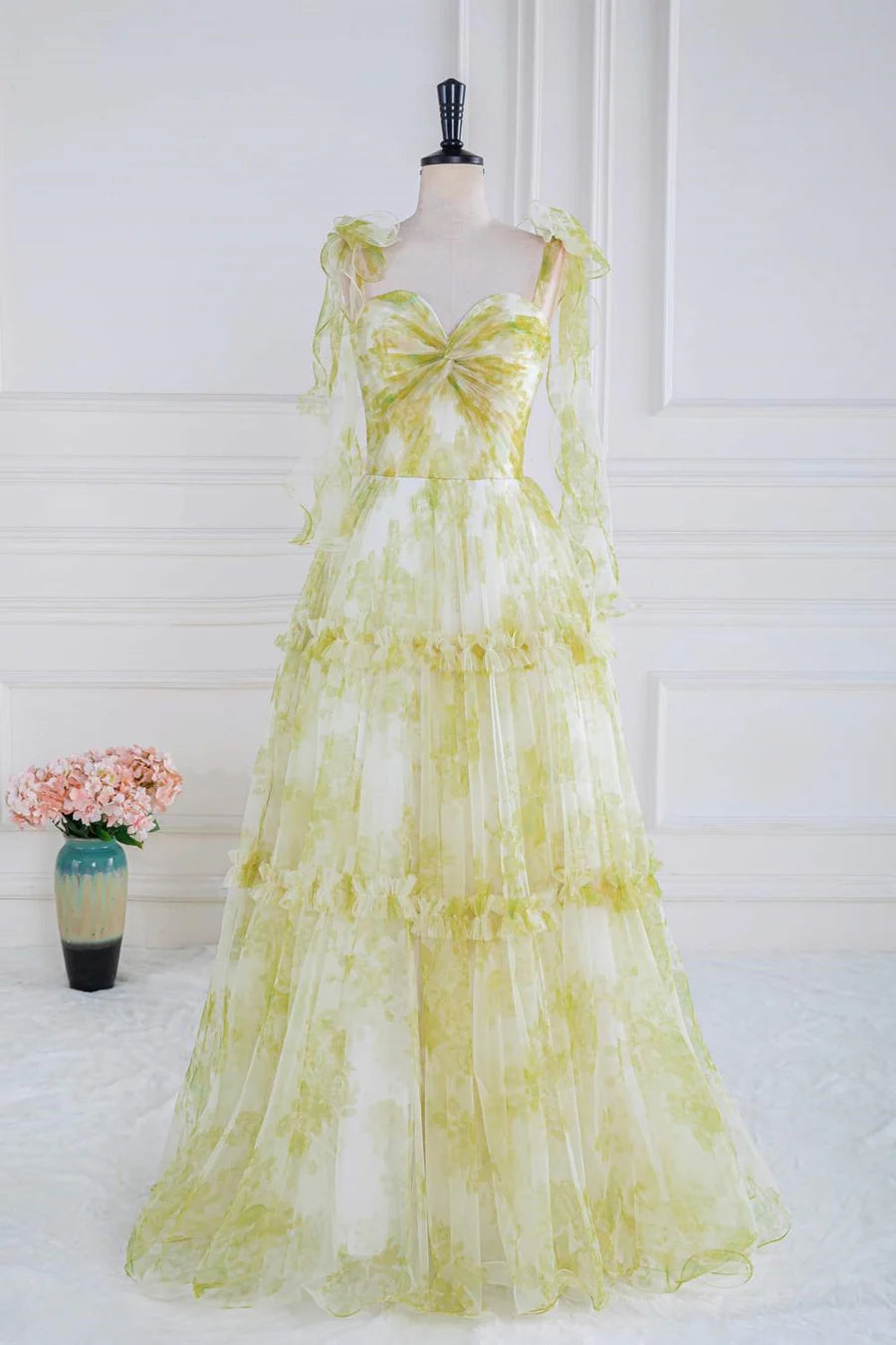 Light Yellow Bow Tie Straps Twisted Knot Ruffled Floral Long Prom Dress